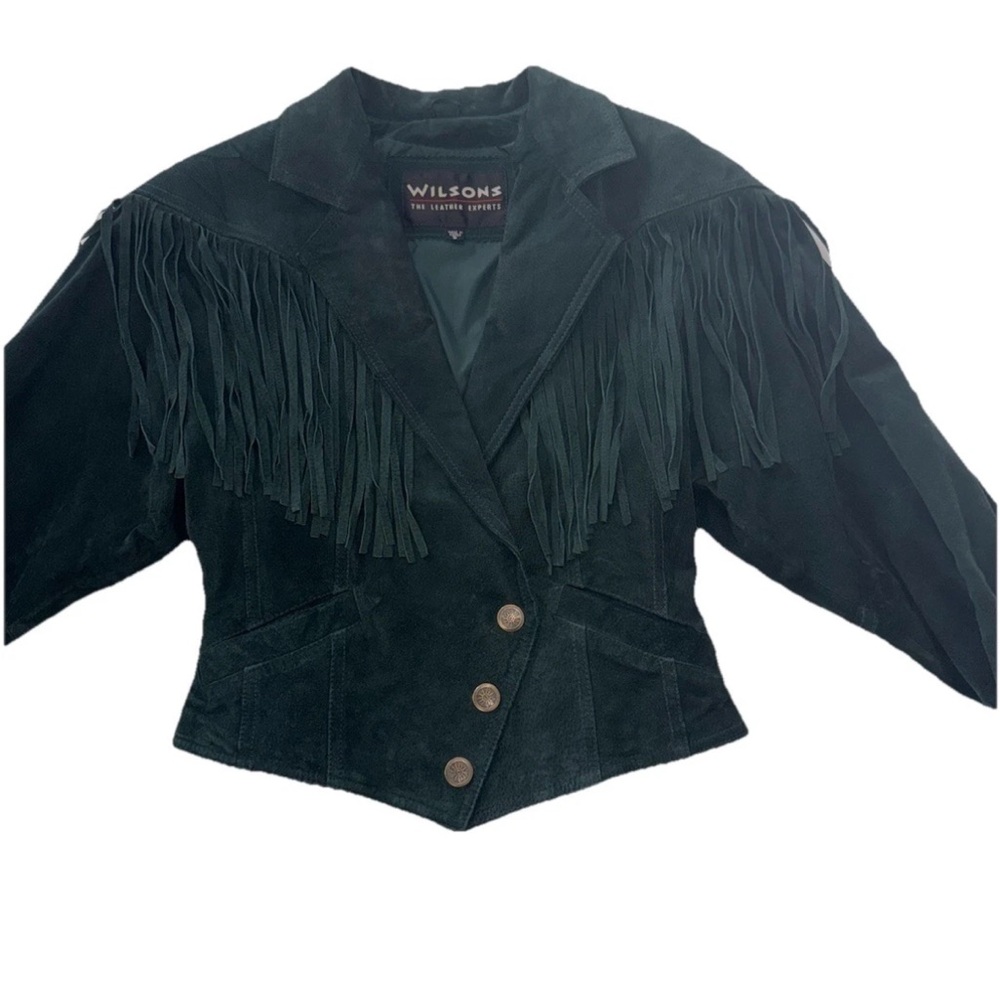 Vintage 90s Wilson Leather Womens fringe Suede Emerald Forest Green Jacket S - Picture 4 of 12